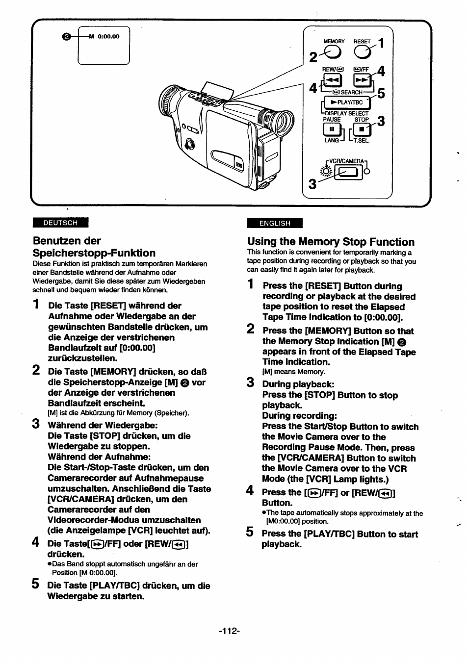 Benutzen der speicherstopp-funktion, Using the memory stop function | Panasonic NVSX30EG User Manual | Page 112 / 146