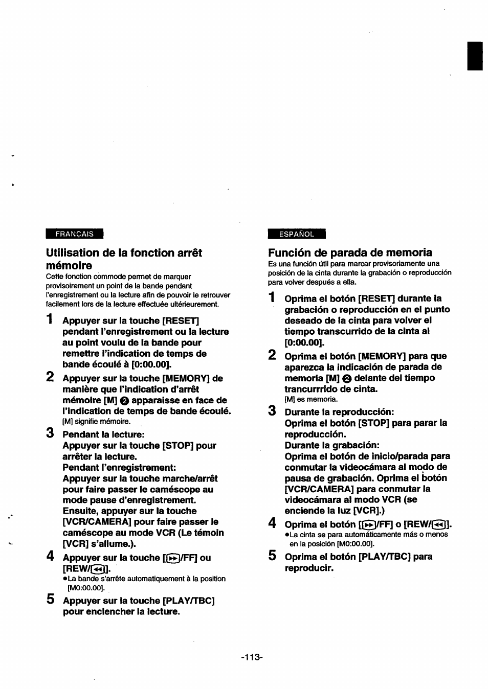 Utilisation de la fonction arrêt mémoire, Función de parada de memoria | Panasonic NVSX30EG User Manual | Page 113 / 146