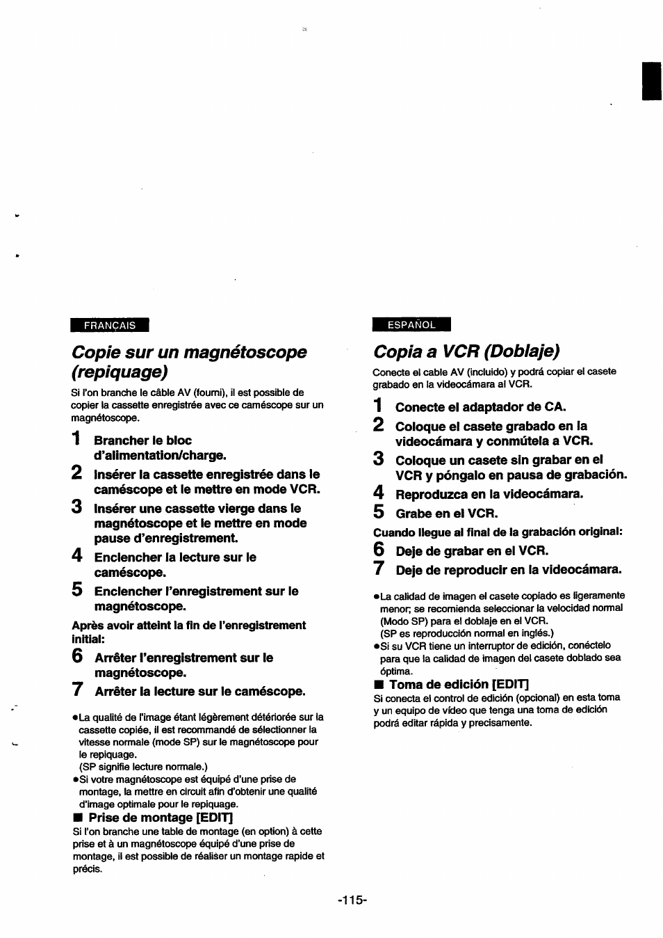Copie sur un magnétoscope (repiquage), Copia a vcr (dobiaje), Cuando llegue al final de la grabación original | Copie sur un magnétoscope, Repiquage) | Panasonic NVSX30EG User Manual | Page 115 / 146