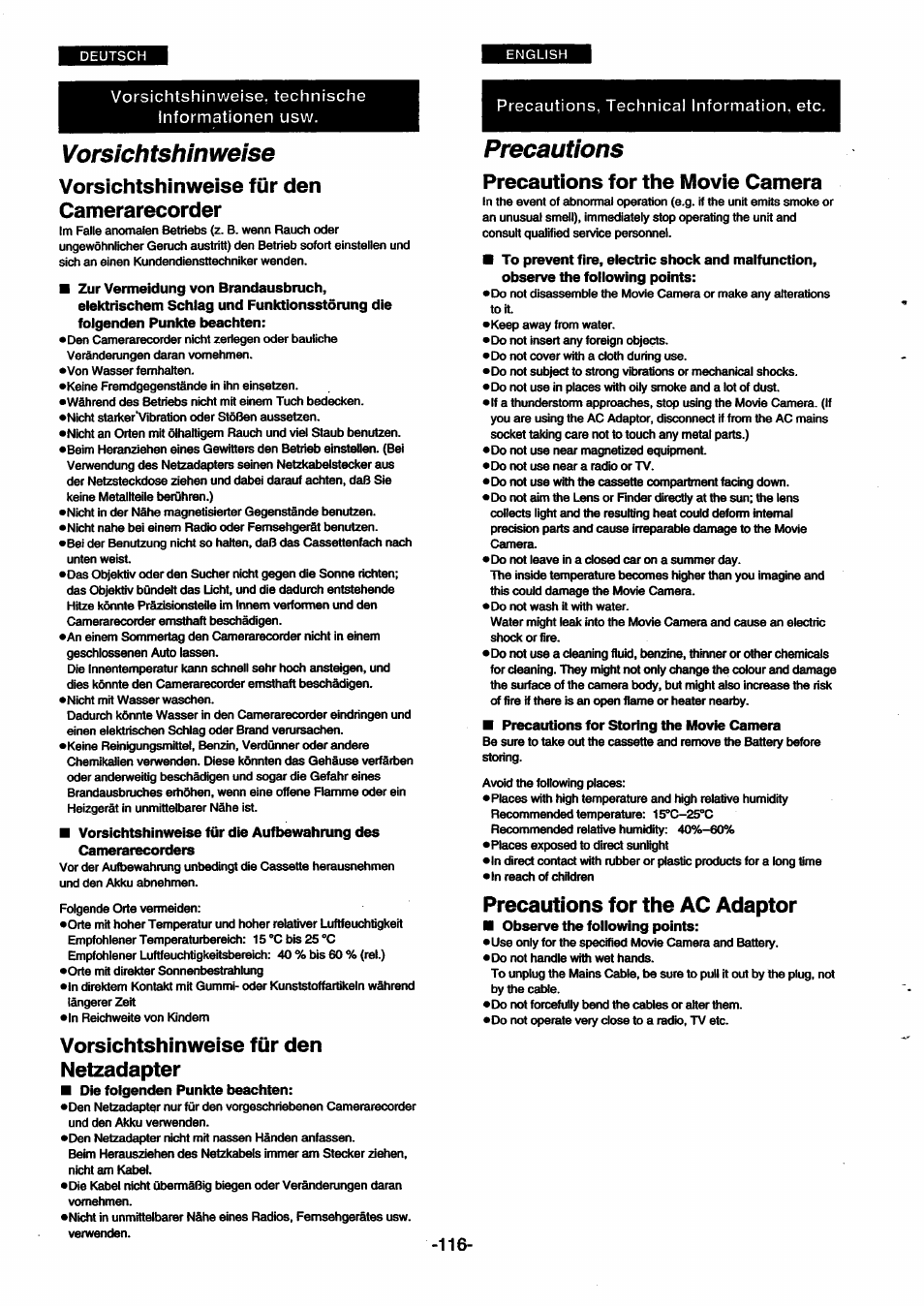 Vorsichtshinweise, Vorsichtshinweise für den camerarecorder, Vorsichtshinweise für den netzadapter | Precautions, Precautions for the movie camera, Precautions for the ac adaptor | Panasonic NVSX30EG User Manual | Page 116 / 146