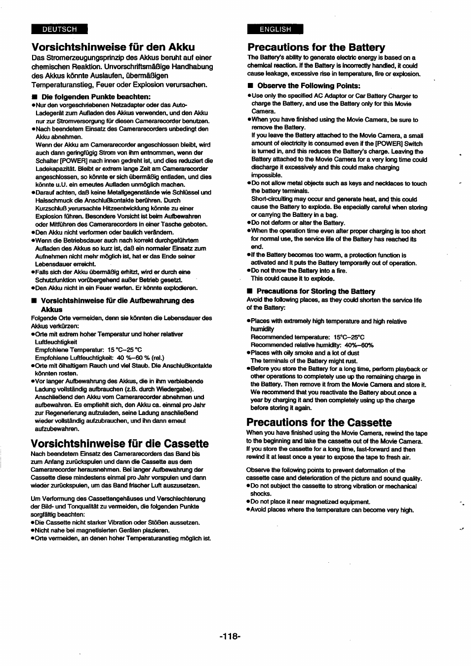 Vorsichtshinweise für den akku, Vorsichtehinweise für die aufbewahrung des akkus, Vorsichtshinweise für die cassette | Precautions for the battery, Precautions for the cassette | Panasonic NVSX30EG User Manual | Page 118 / 146