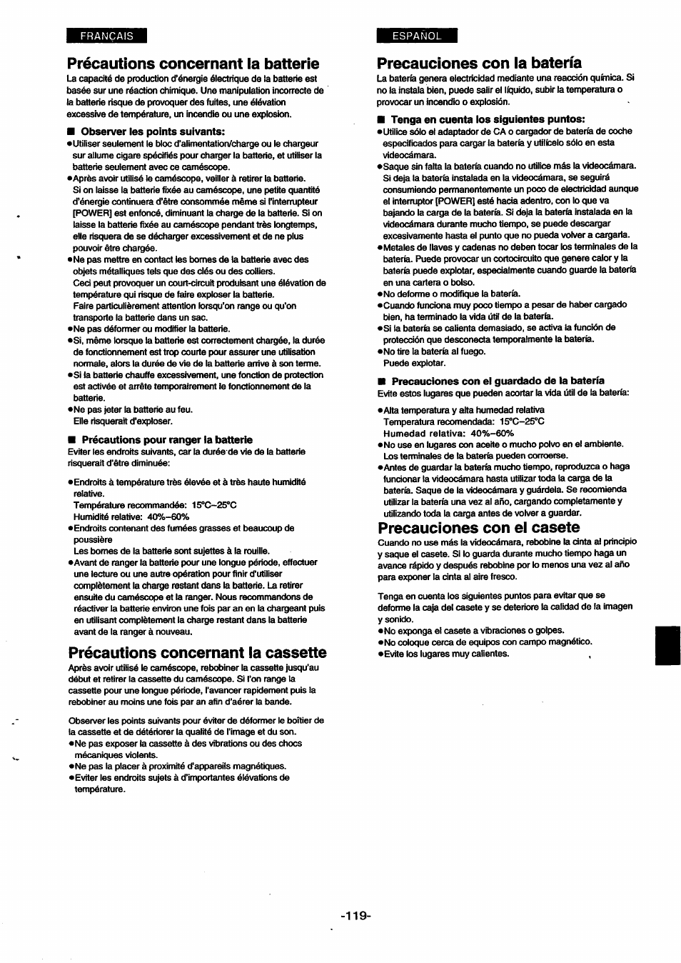 Précautions concernant la batterie, Précautions concernant la cassette, Precauciones con la batería | Precauciones con el casete | Panasonic NVSX30EG User Manual | Page 119 / 146