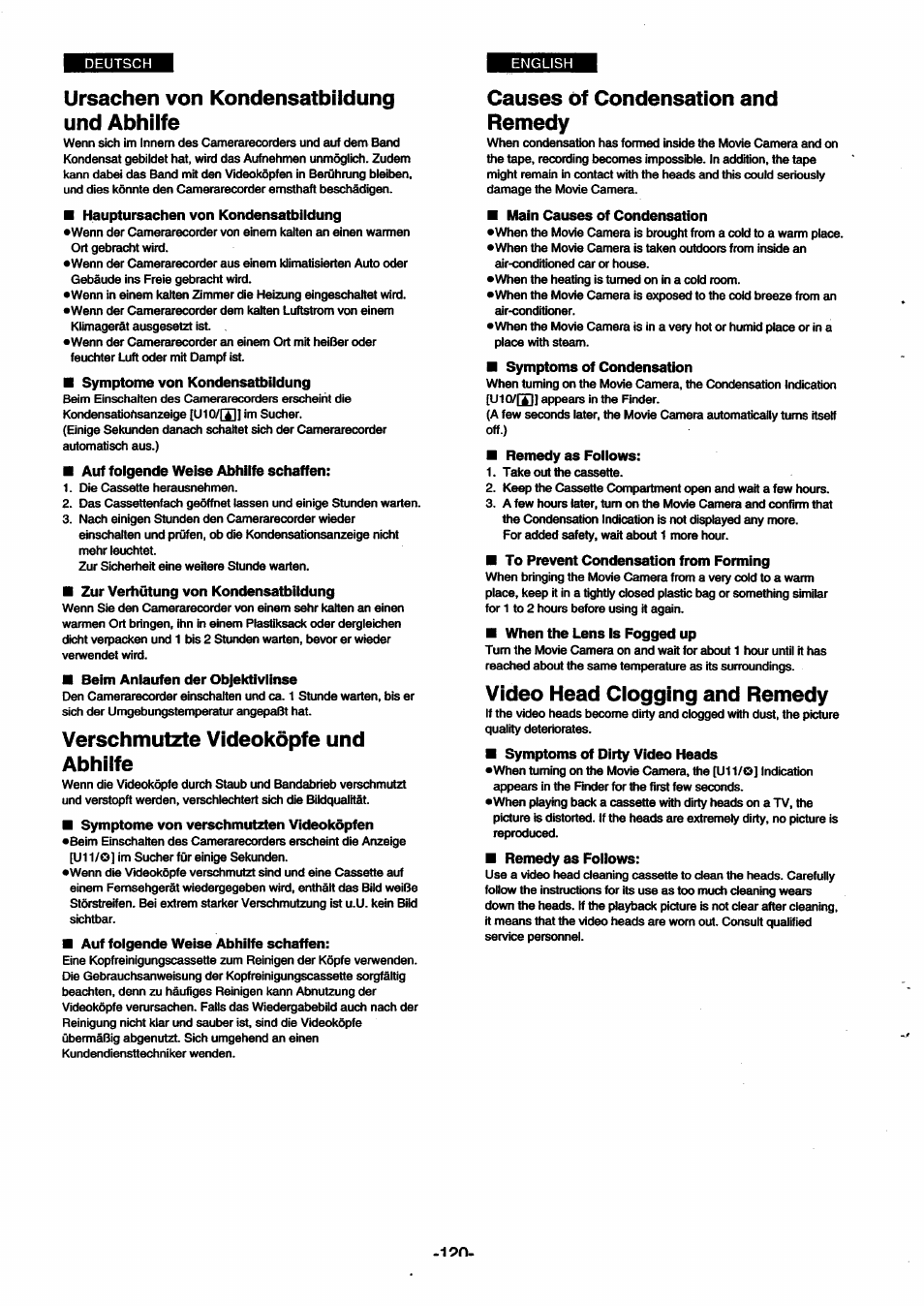Ursachen von kondensatbildung und abhilfe, Verschmutzte videoköpfe und abhilfe, Causes of condensation and remedy | Main causes of condensation, Video head clogging and remedy | Panasonic NVSX30EG User Manual | Page 120 / 146