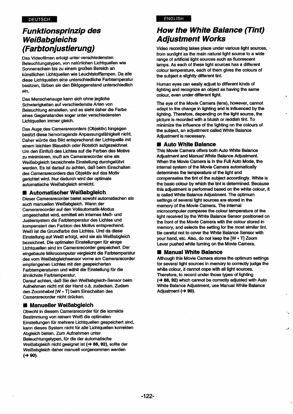 Funktionsprinzip des, Weißabgieichs, Farbtonjustierung) | Automatischer weißabgleich, Manueller weißabgleich, How the white baiance (tint) adjustment works, Auto white balance, Manual white balance | Panasonic NVSX30EG User Manual | Page 122 / 146