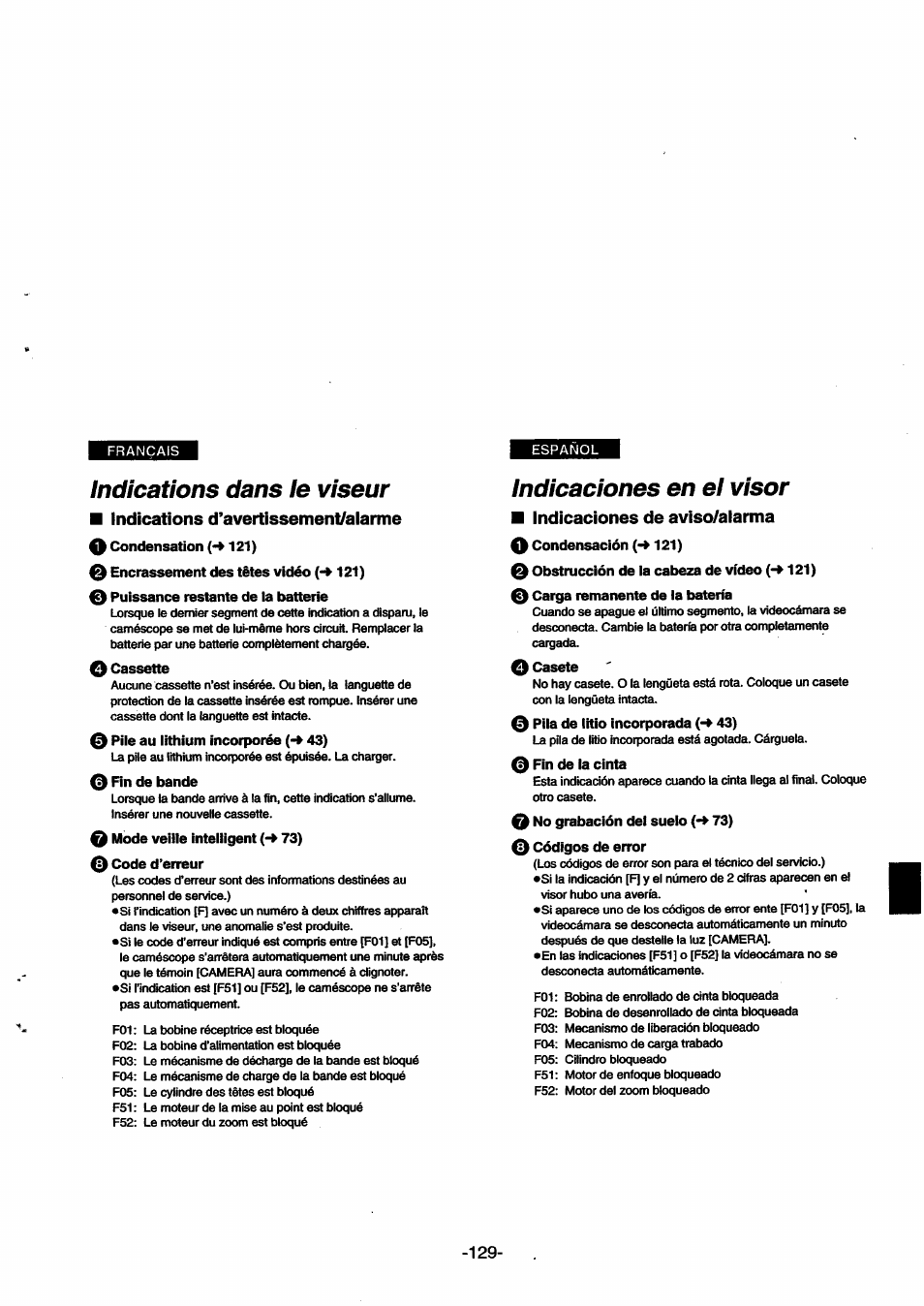 0 pile au lithium incorporée (-* 43), Indicaciones en el visor, Indicaciones de aviso/alarma | 0 obstrucción de ia cabeza de vídeo (-»121), 0 carga remanente de la batería, 0 pila de litio incorporada (-» 43), 0 fin de la cinta, 0 no grabación del suelo (-» 73), 0 códigos de error, Indications dans le viseur | Panasonic NVSX30EG User Manual | Page 129 / 146