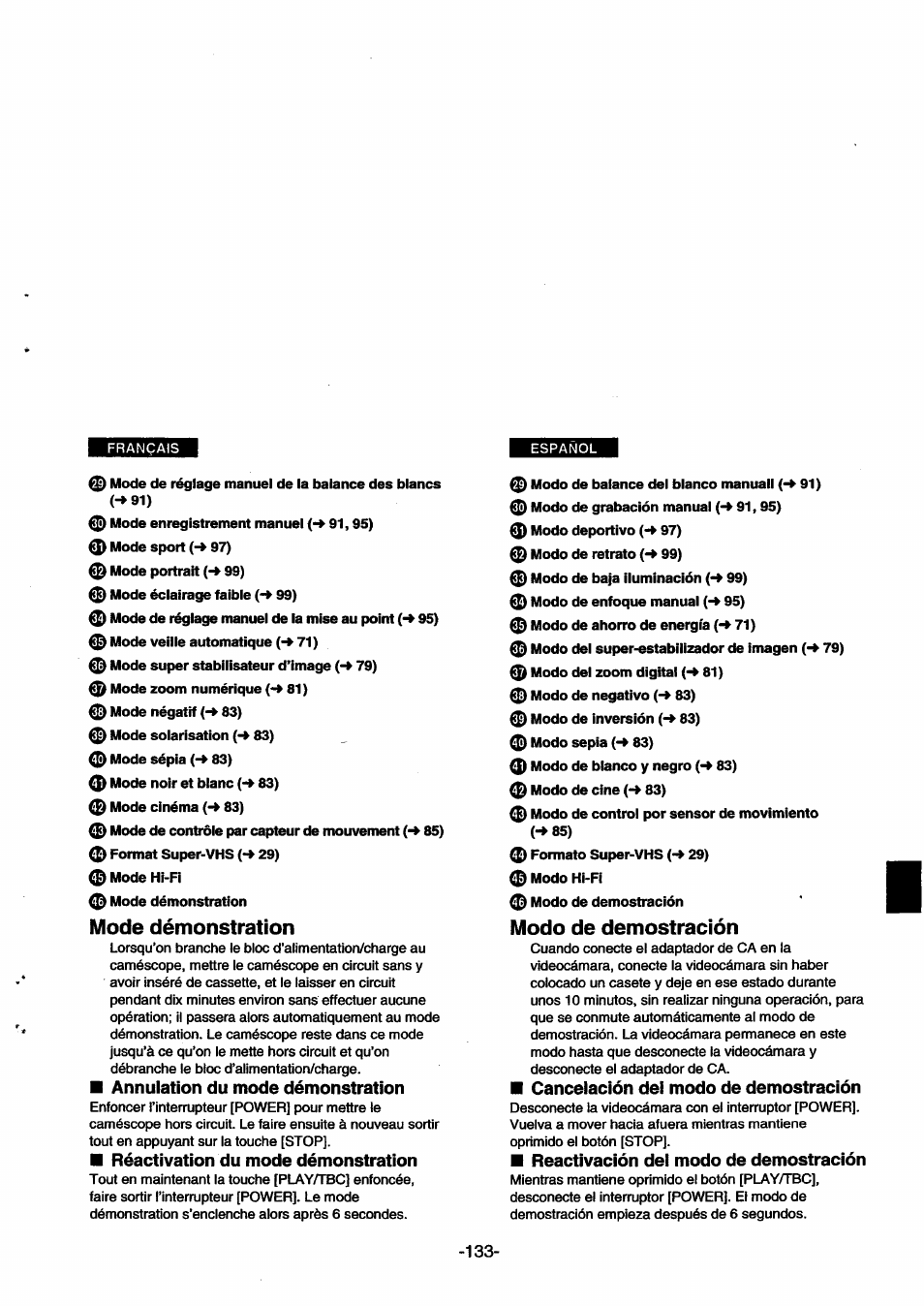 Mode démonstration, Annulation du mode démonstration, Modo de demostración | Cancelación dei modo de demostración, Reactivación dei modo de demostración | Panasonic NVSX30EG User Manual | Page 133 / 146