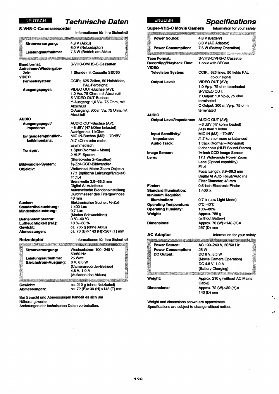 Technische daten, Specifications | Panasonic NVSX30EG User Manual | Page 136 / 146