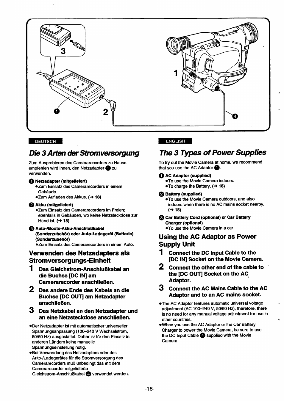 0 netzadapter (mitgeliefert), 0 akku (mitgeliefert), 0 auto-/boots-akku-anschlußkabel | Using the ac adaptor as power supply unit | Panasonic NVSX30EG User Manual | Page 16 / 146