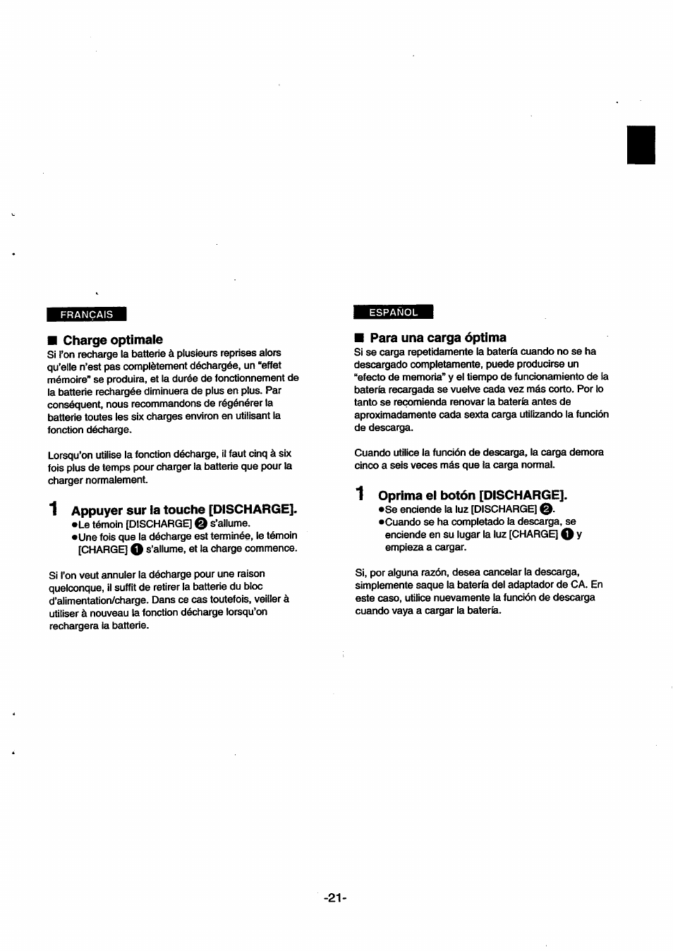 Charge optimale, 1 appuyer sur la touche [discharge, Para una carga óptima | 1 oprima el botón [dischargej | Panasonic NVSX30EG User Manual | Page 21 / 146
