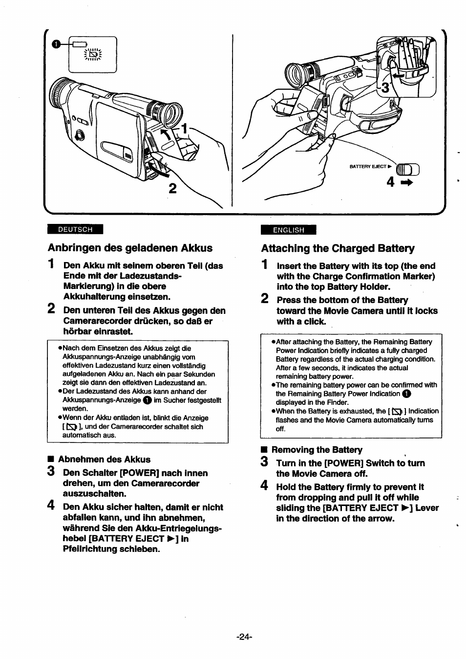 Anbringen des geladenen akkus, Attaching the charged battery | Panasonic NVSX30EG User Manual | Page 24 / 146