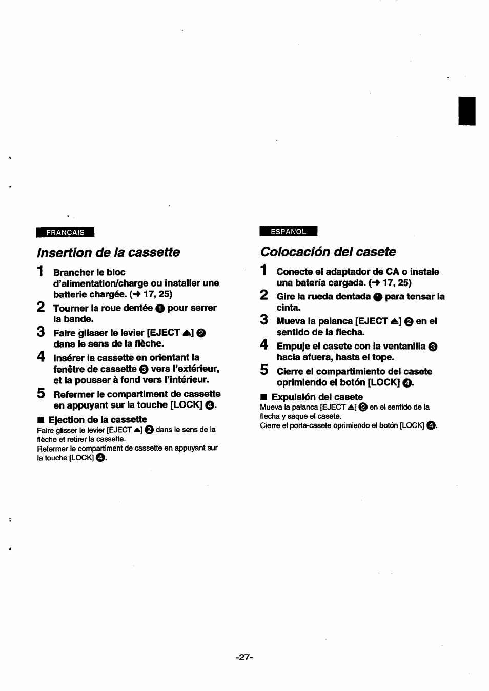 Insertion de la cassette, Colocación del casete | Panasonic NVSX30EG User Manual | Page 27 / 146