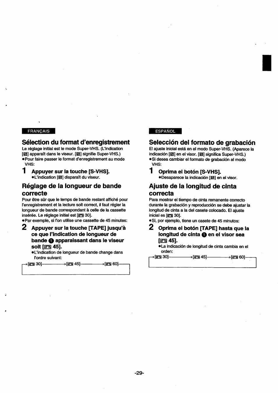 Sélection du format d’enregistrement, Réglage de la longueur de bande correcte, Selección dei formato de grabación | Ajuste de la longitud de cinta correcta | Panasonic NVSX30EG User Manual | Page 29 / 146