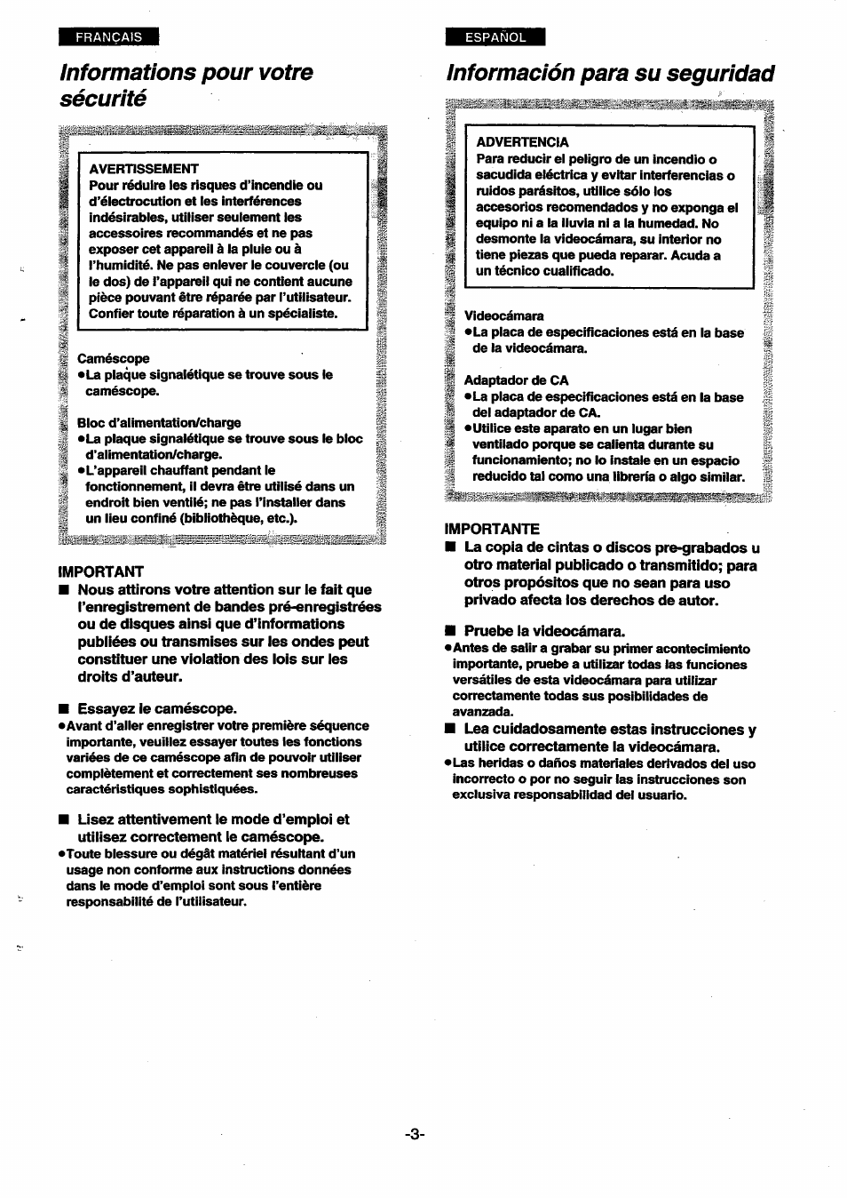 Informations pour votre sécurité | Panasonic NVSX30EG User Manual | Page 3 / 146