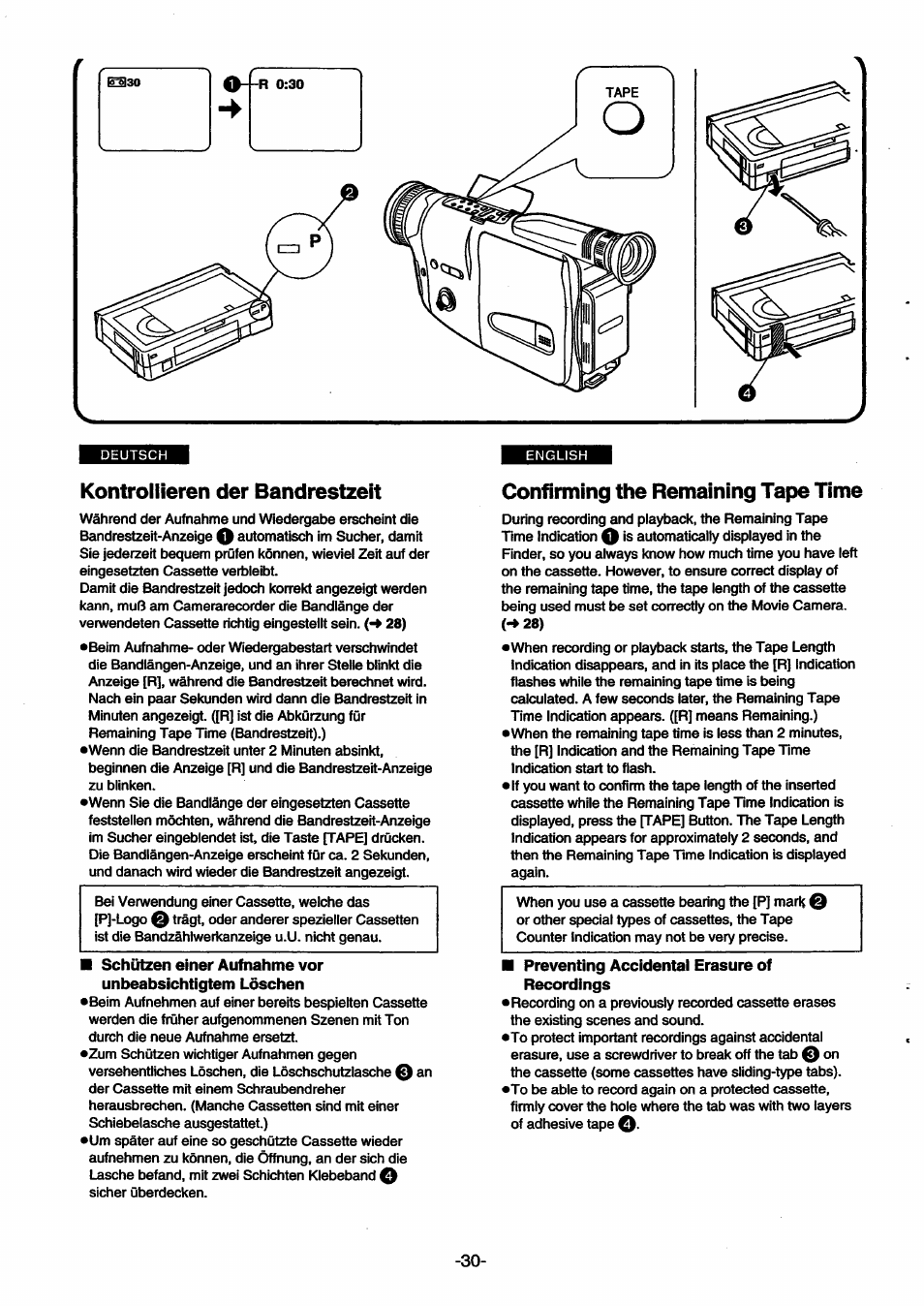Kontrollieren der bandrestzeit, Confirming the remaining tape time | Panasonic NVSX30EG User Manual | Page 30 / 146