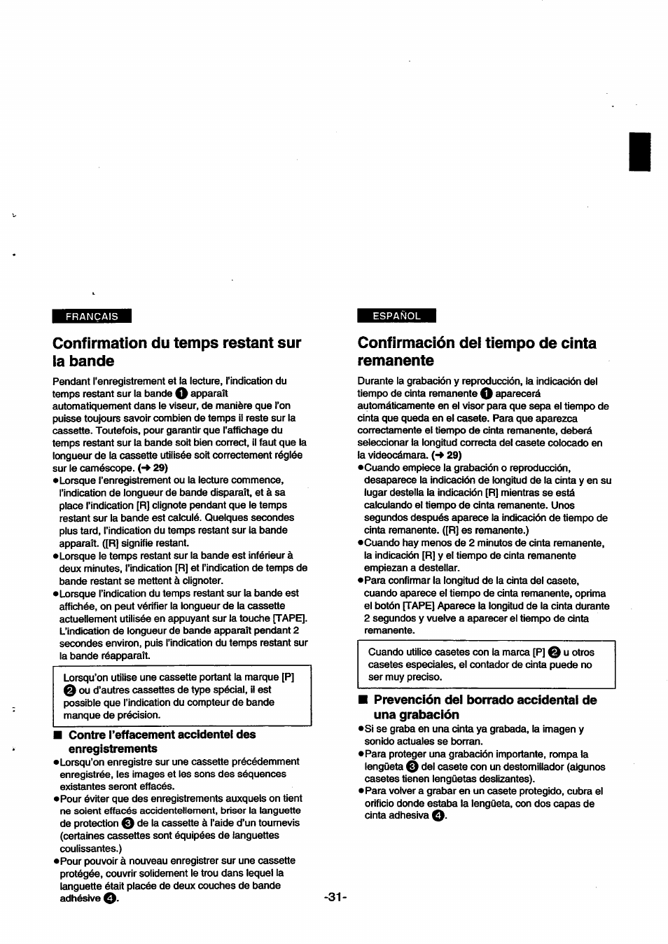 Confirmation du temps restant sur ia bande, Confirmación dei tiempo de cinta remanente, Confirmation du temps restant sur la bande_ 31 | Confirmación del tiempo de cinta remanente_ 31 | Panasonic NVSX30EG User Manual | Page 31 / 146