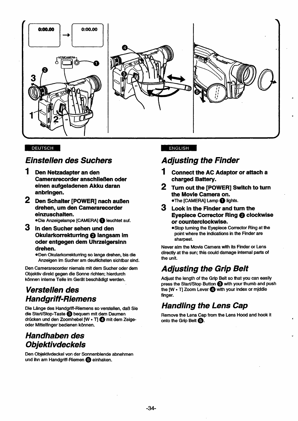 Einstellen des suchers, Verstellen des handgriff-riemens, Handhaben des objektivdeckels | Adjusting the finder, Adjusting the grip belt, Handling the lens cap, Adjusting the finder adjusting the grip belt | Panasonic NVSX30EG User Manual | Page 34 / 146