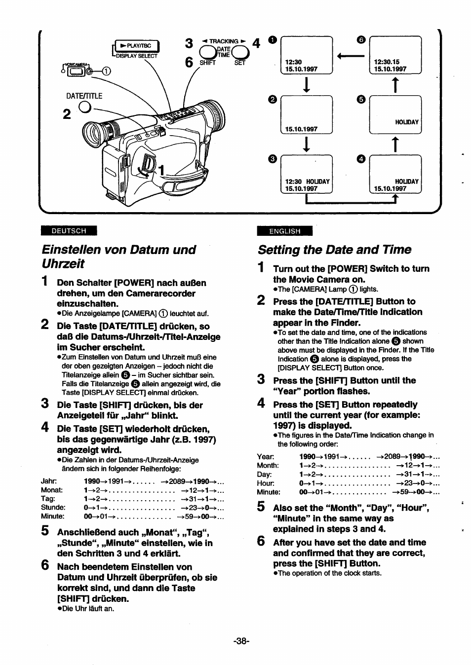 Einstellen von datum und uhrzeit, Setting the date and time | Panasonic NVSX30EG User Manual | Page 38 / 146