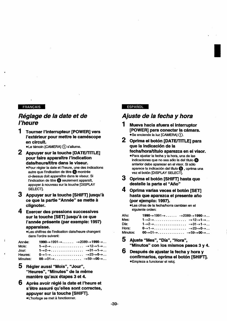 Réglage de la date et de rheure, Ajuste de la fecha y hora, Réglage de la date et de l’heure | Panasonic NVSX30EG User Manual | Page 39 / 146