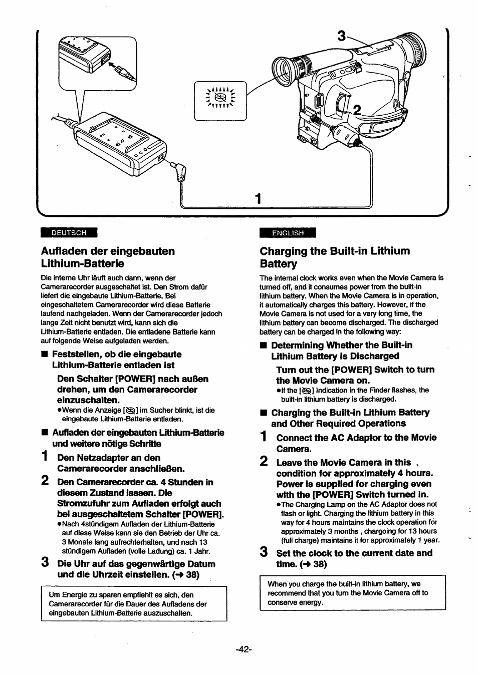 Aufladen der eingebauten lithium-batterie, Charging the built-in lithium battery | Panasonic NVSX30EG User Manual | Page 42 / 146