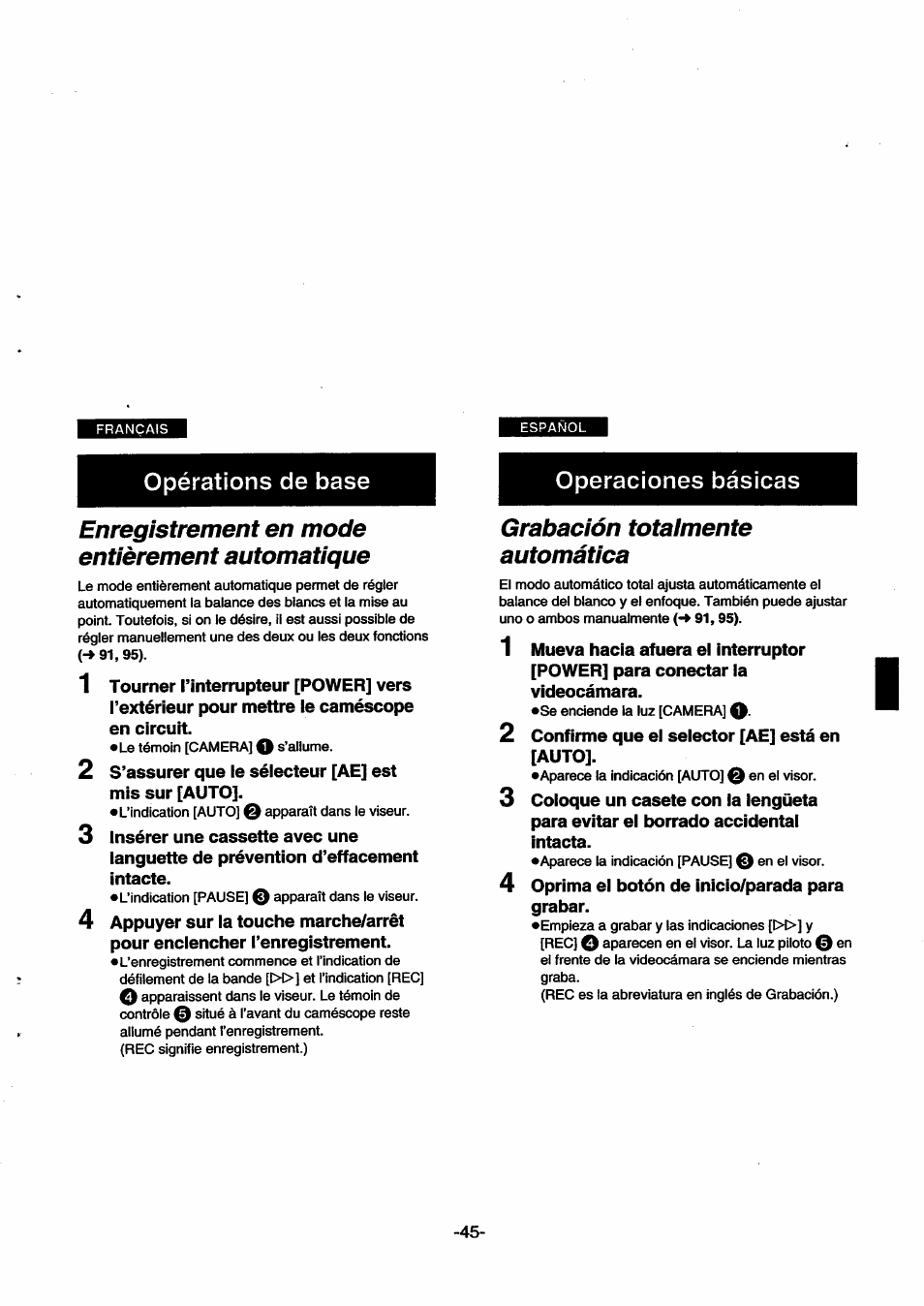 Enregistrement en mode entièrement automatique, Grabación totaimente automática, Grabación totalmente automática | Panasonic NVSX30EG User Manual | Page 45 / 146