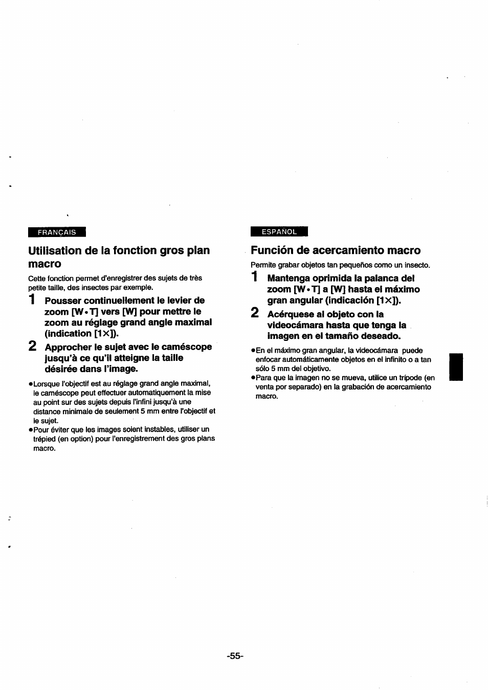 Utilisation de la fonction gros plan macro, Función de acercamiento macro | Panasonic NVSX30EG User Manual | Page 55 / 146