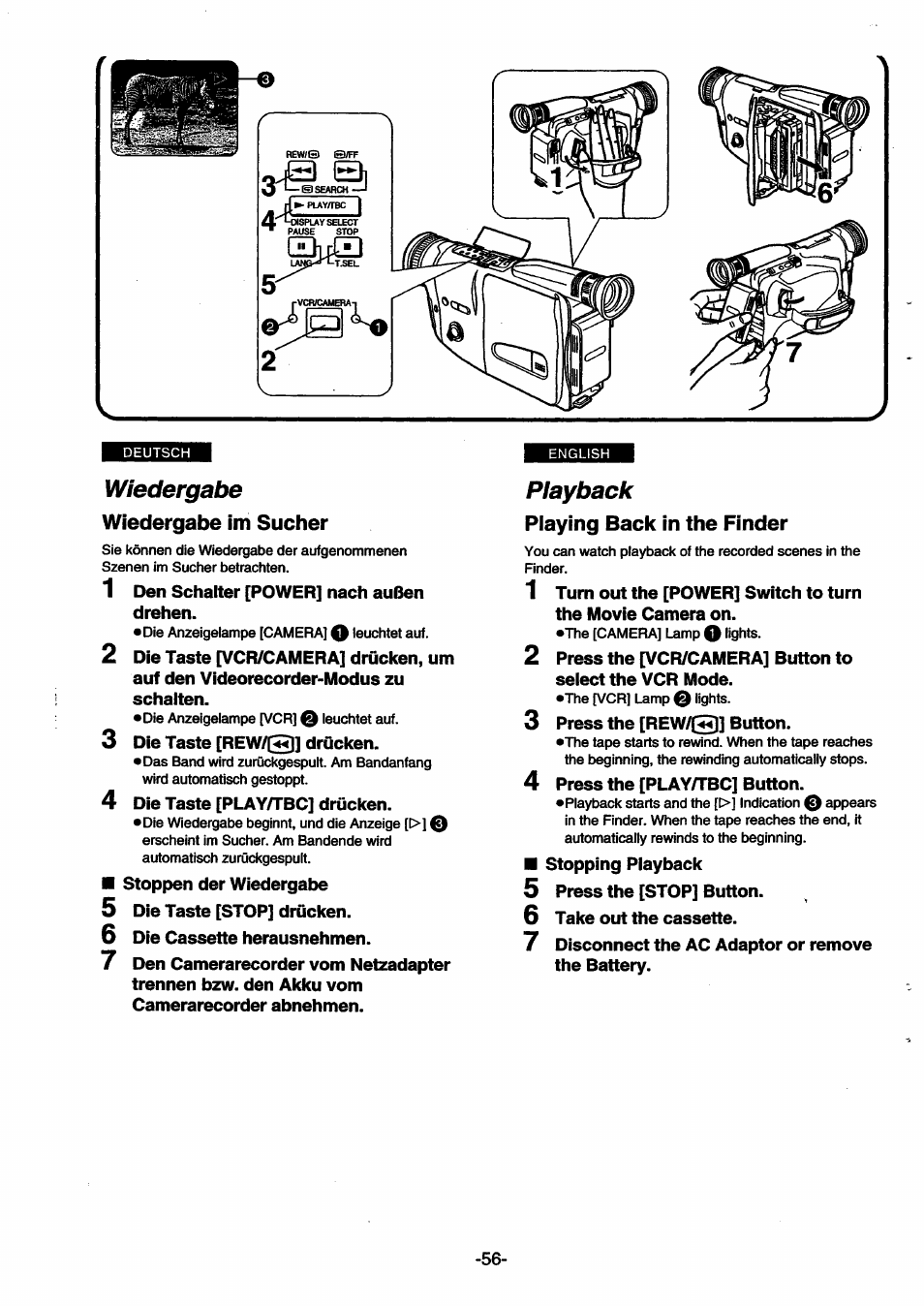 Wiedergabe, Wiedergabe im sucher, Playback | Playing back in the finder, 3 press the [rew/[^] button, 4 press the [play/tbc] button | Panasonic NVSX30EG User Manual | Page 56 / 146