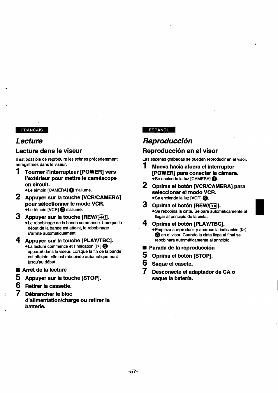 Lecture, Lecture dans le viseur, Reproducción | Reproducción en el visor, El botón [rew/(5)1 | Panasonic NVSX30EG User Manual | Page 57 / 146