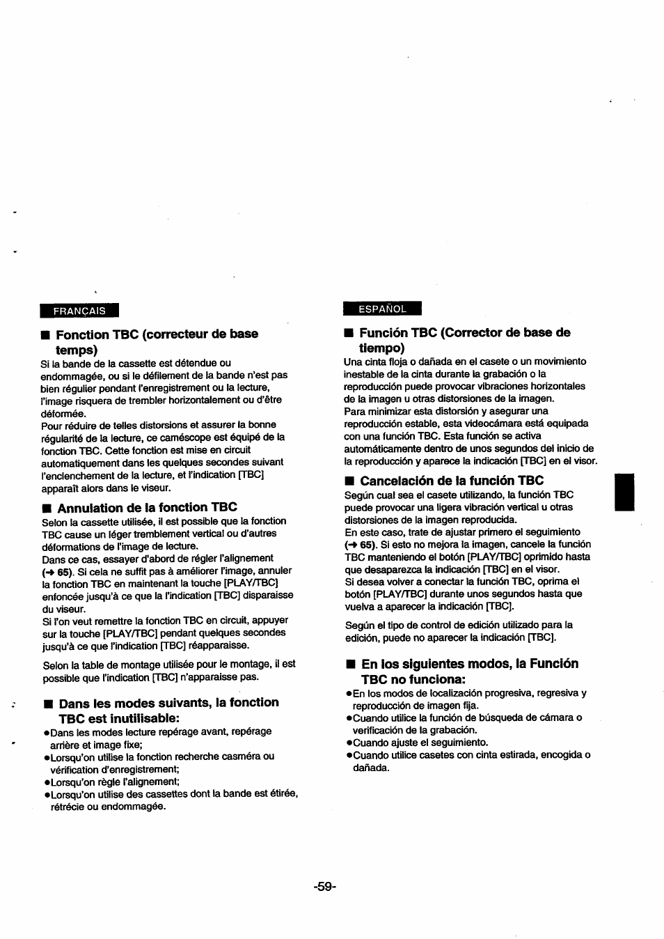 Fonction твс (correcteur de base temps), Annulation de la fonction tbc, Función tbc (corrector de base de tiempo) | Cancelación de la función tbc | Panasonic NVSX30EG User Manual | Page 59 / 146