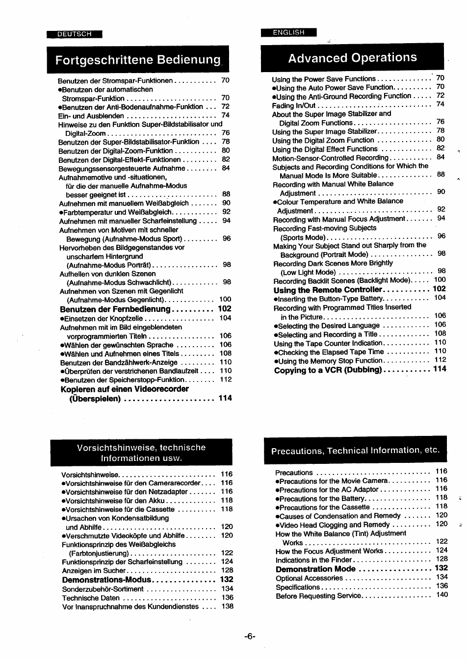 Fortgeschrittene bedienung, Advanced operations | Panasonic NVSX30EG User Manual | Page 6 / 146