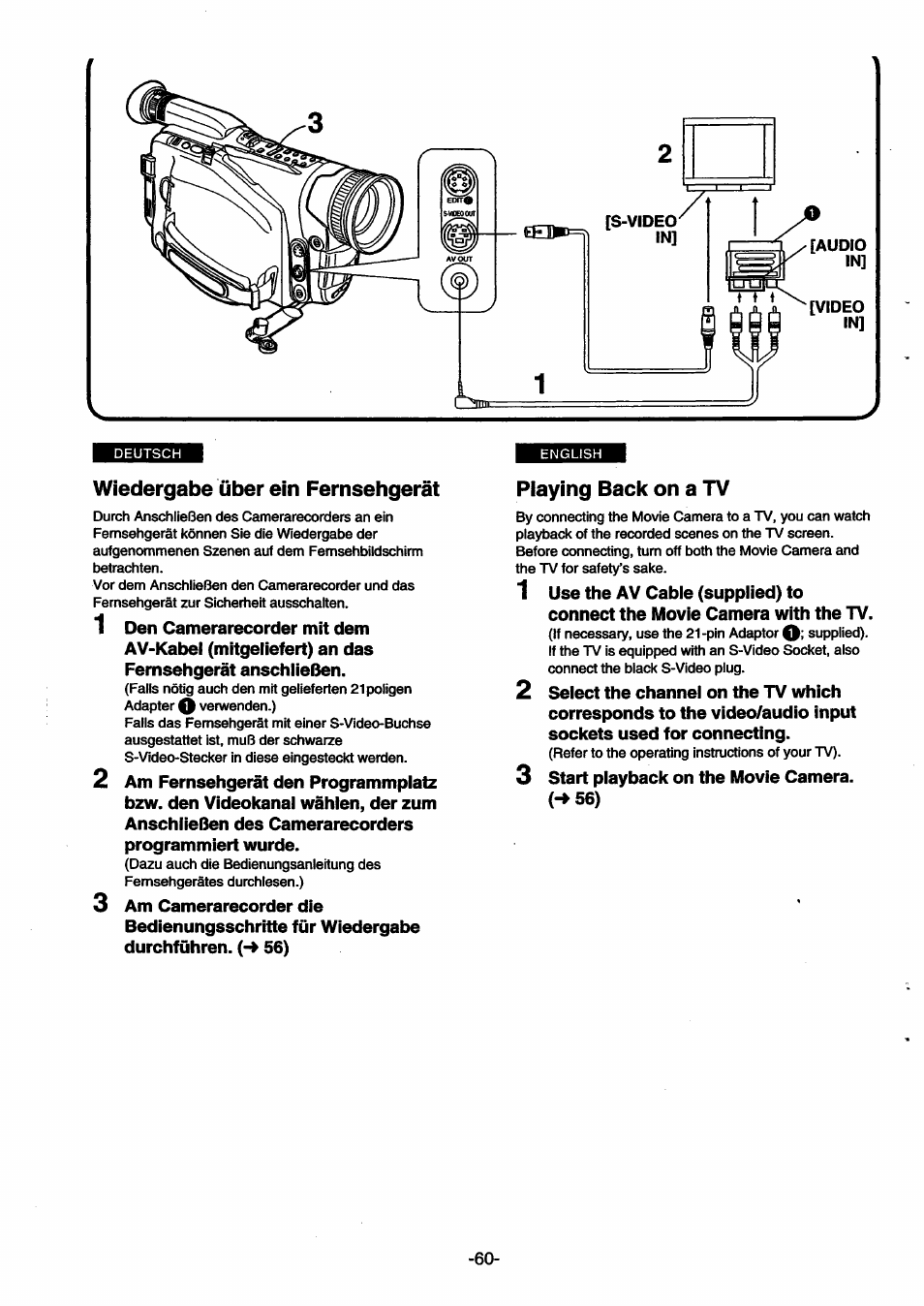 Wiedergabe über ein fernsehgerät, Playing back on a tv | Panasonic NVSX30EG User Manual | Page 60 / 146