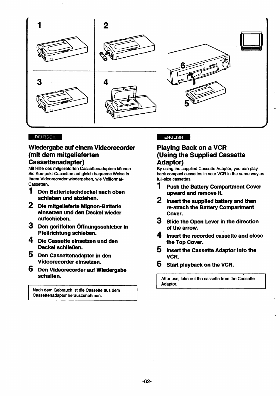 Playing back on a vcr (using the supplied cassette, Adaptor) | Panasonic NVSX30EG User Manual | Page 62 / 146