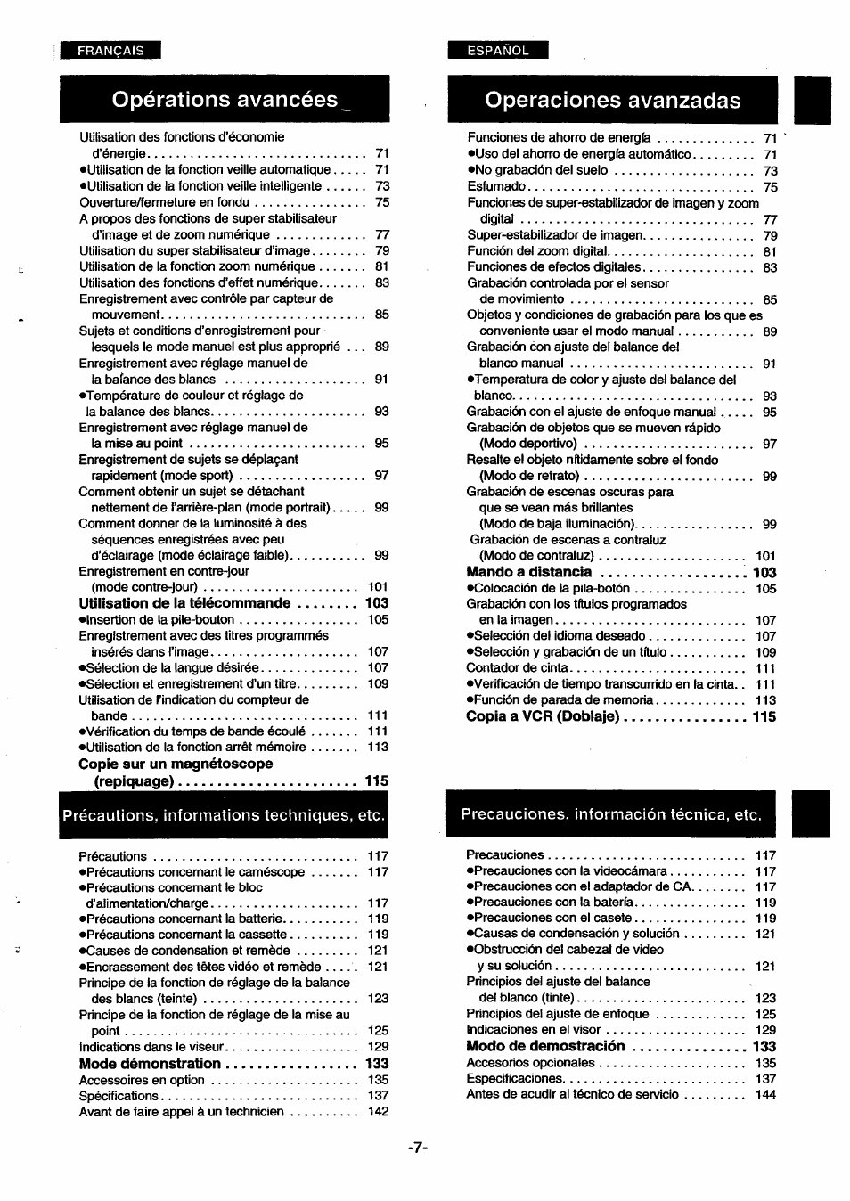 Opérations avancées, Operaciones avanzadas | Panasonic NVSX30EG User Manual | Page 7 / 146