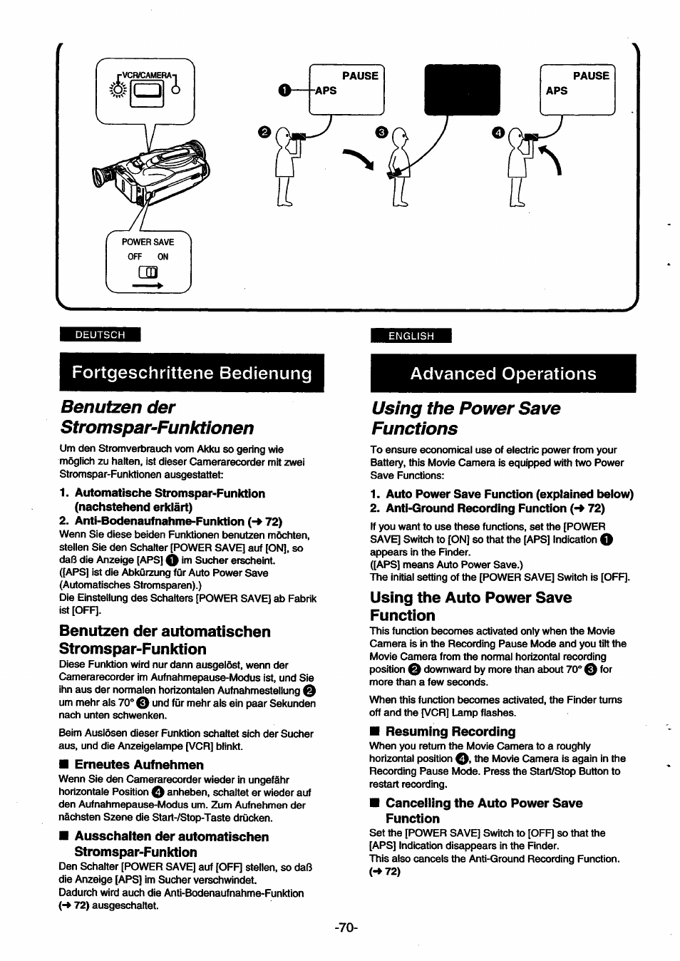 Benutzen der stromspar-funktionen, Benutzen der automatischen stromspar-funktion, Using the power save functions | Using the auto power save function, Rn v__ j, Advanced operations using the power save functions | Panasonic NVSX30EG User Manual | Page 70 / 146
