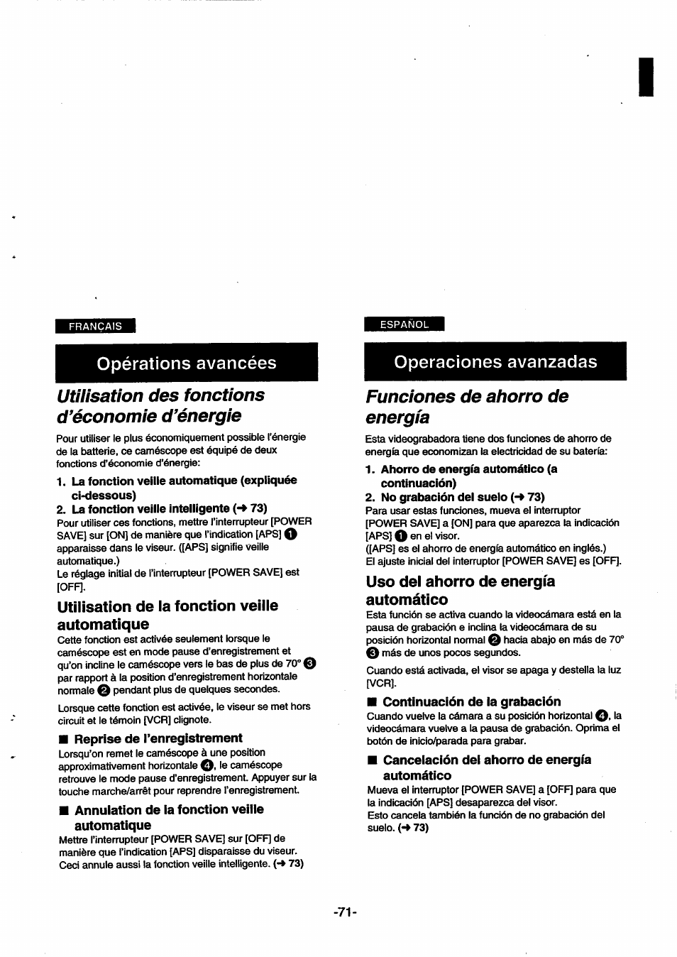 Utilisation des fonctions d'économie d'énergie, La fonction veille intelligente (-» 73), Utilisation de la fonction veille automatique | Reprise de l’enregistrement, Annulation de la fonction veille automatique, Funciones de ahorro de energía, Ahorro de energía automático (a continuación), No grabación del suelo (-» 73), Uso del ahorro de energía automático, Continuación de la grabación | Panasonic NVSX30EG User Manual | Page 71 / 146