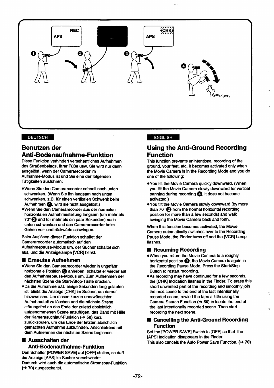Benutzen der, Anti-bodenaufnahme-funktion, Erneutes aufnehmen | Ausschalten der anti-bodenaufnahme-funktion, Using the anti-ground recording function, Resuming recording, Cancelling the anti-ground recording function, Benutzen der anti-bodenaufnahme-funktion | Panasonic NVSX30EG User Manual | Page 72 / 146