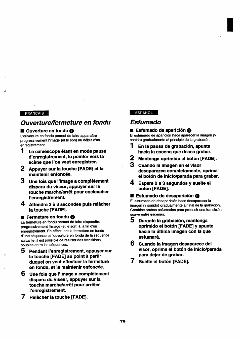Ouverture/fermeture en fondu, Esfumado | Panasonic NVSX30EG User Manual | Page 75 / 146