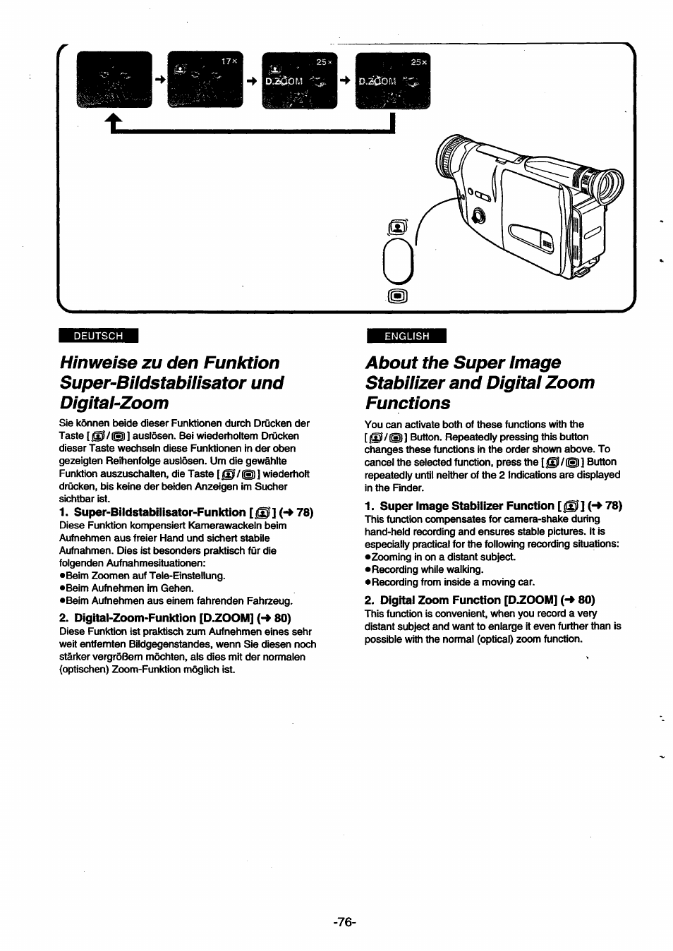 Super-bildstabilisator-funktion [js^] 78), Digital-zoom-funktion [d.zoom] (*♦ 80), Digital zoom function [d.zoom] (-» 80) | Panasonic NVSX30EG User Manual | Page 76 / 146