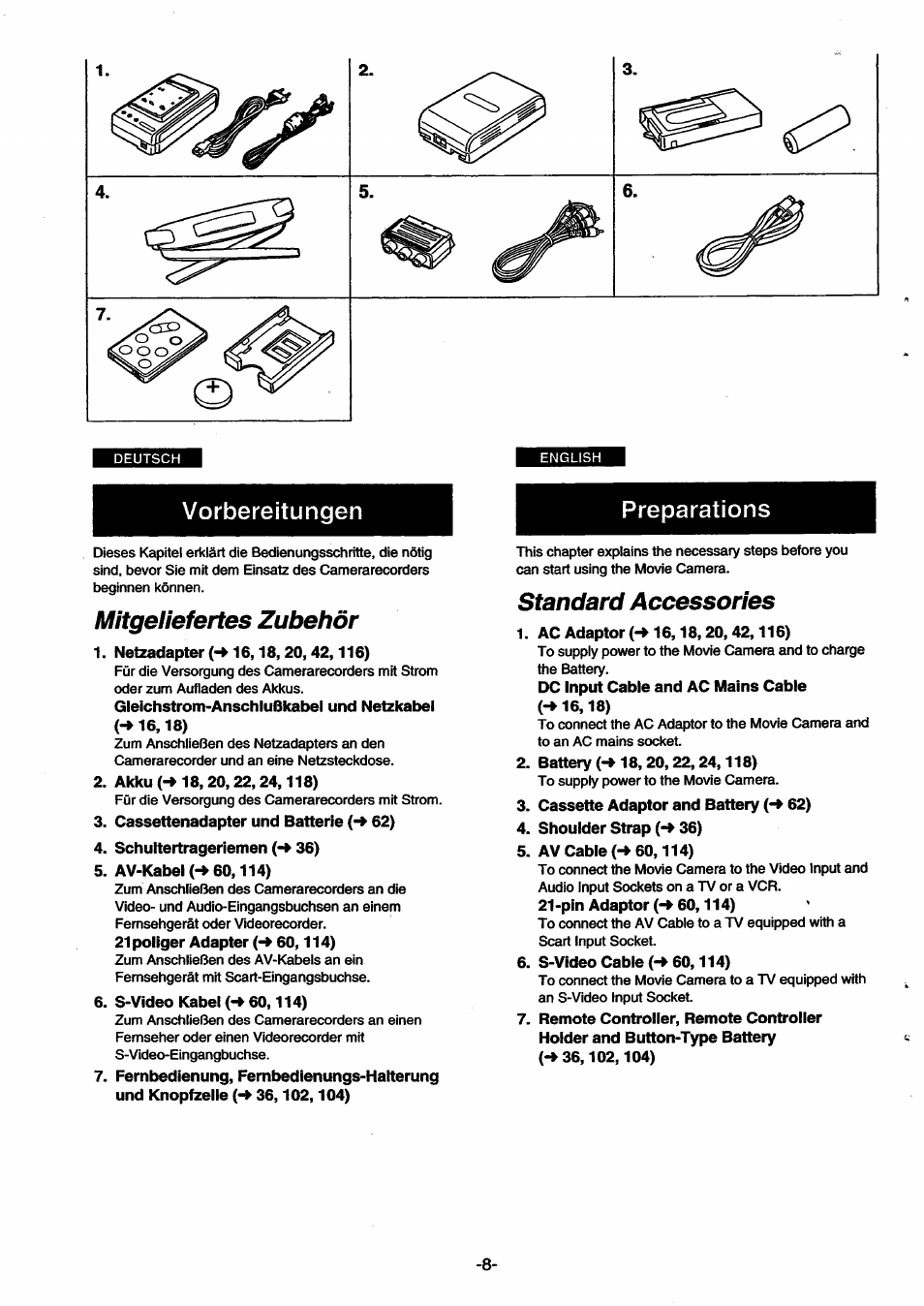 Mitgeliefertes zubehör, Netzadapter (-»16,18,20,42,116), Akku (-» 18, 20,22, 24,118) | Cassettenadapter und batterie (-» 62), Schuitertrageriemen (-» 36), Av-kabel(-»60,114), 21poliger adapter {-¥ 60,114), S-video kabel 60,114), Standard accessories, Ac adaptor (-» 16,18,20,42,116) | Panasonic NVSX30EG User Manual | Page 8 / 146