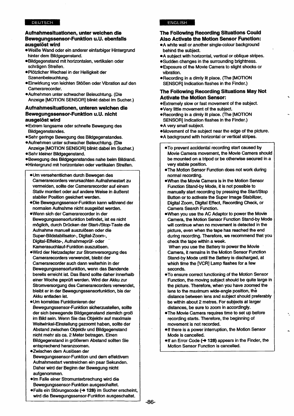 Aufnahmesituationen, unter welchen die, Bewegungssensor-funktion u.u. ebenfalls, Ausgelöst wird | Aufnahmesituationen, unteren welchen die, Bewegungssensor-funiction u.u. nicht, Ausgeiöst wird, The following recording situations could, Also activate the motion sensor function, The following recording situations may not, Activate the motion sensor | Panasonic NVSX30EG User Manual | Page 86 / 146