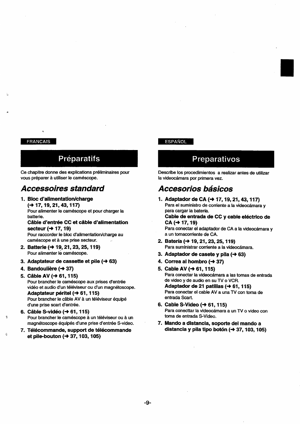 Accessoires standard, Accesorios básicos, Préparatifs preparativos | Panasonic NVSX30EG User Manual | Page 9 / 146