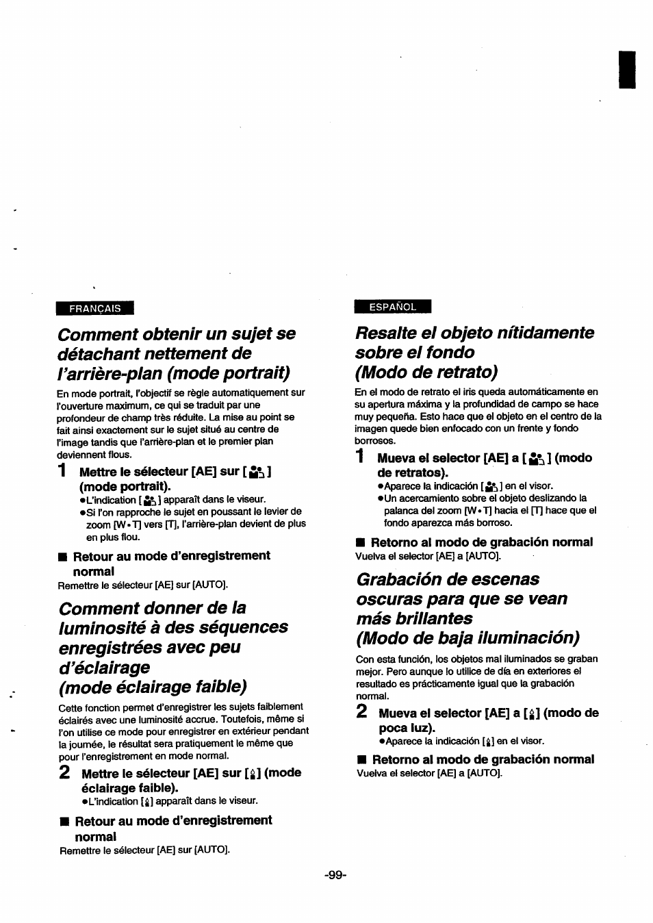 1 mettre le sélecteur [ae] sur, Mode portrait), Retour au mode d’enregistrement normal | 1 mueva el selector [ae] a [ ] (modo, De retratos), Retorno al modo de grabación normal, 2 mueva el selector [ae] a [¿] (modo de poca luz) | Panasonic NVSX30EG User Manual | Page 99 / 146