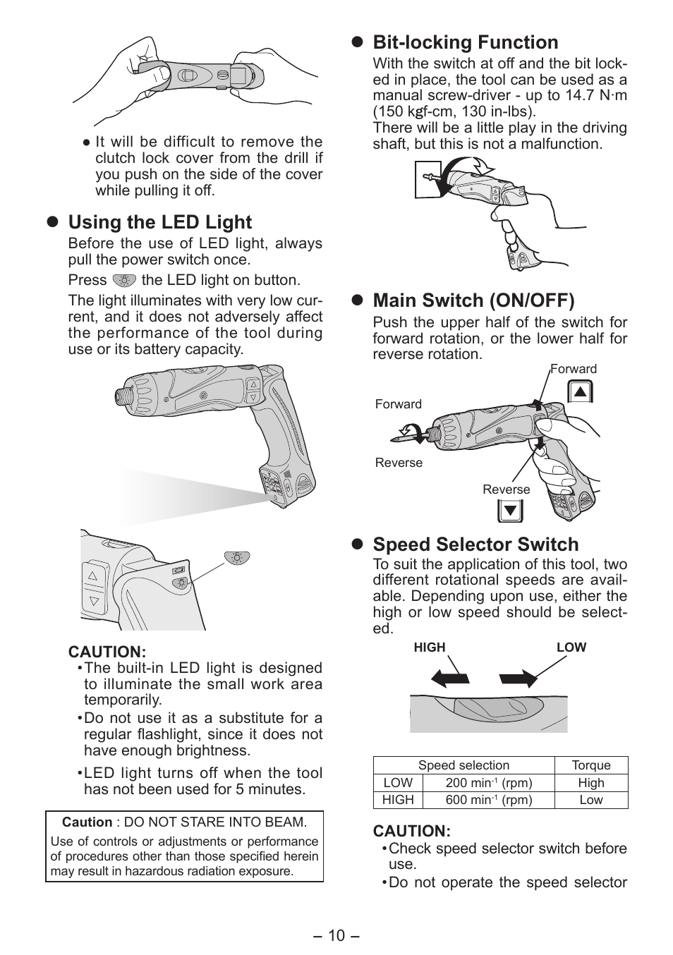 Using the led light, Bit-locking function, Main switch (on/off) | Speed selector switch | Panasonic EY7411 User Manual | Page 10 / 140