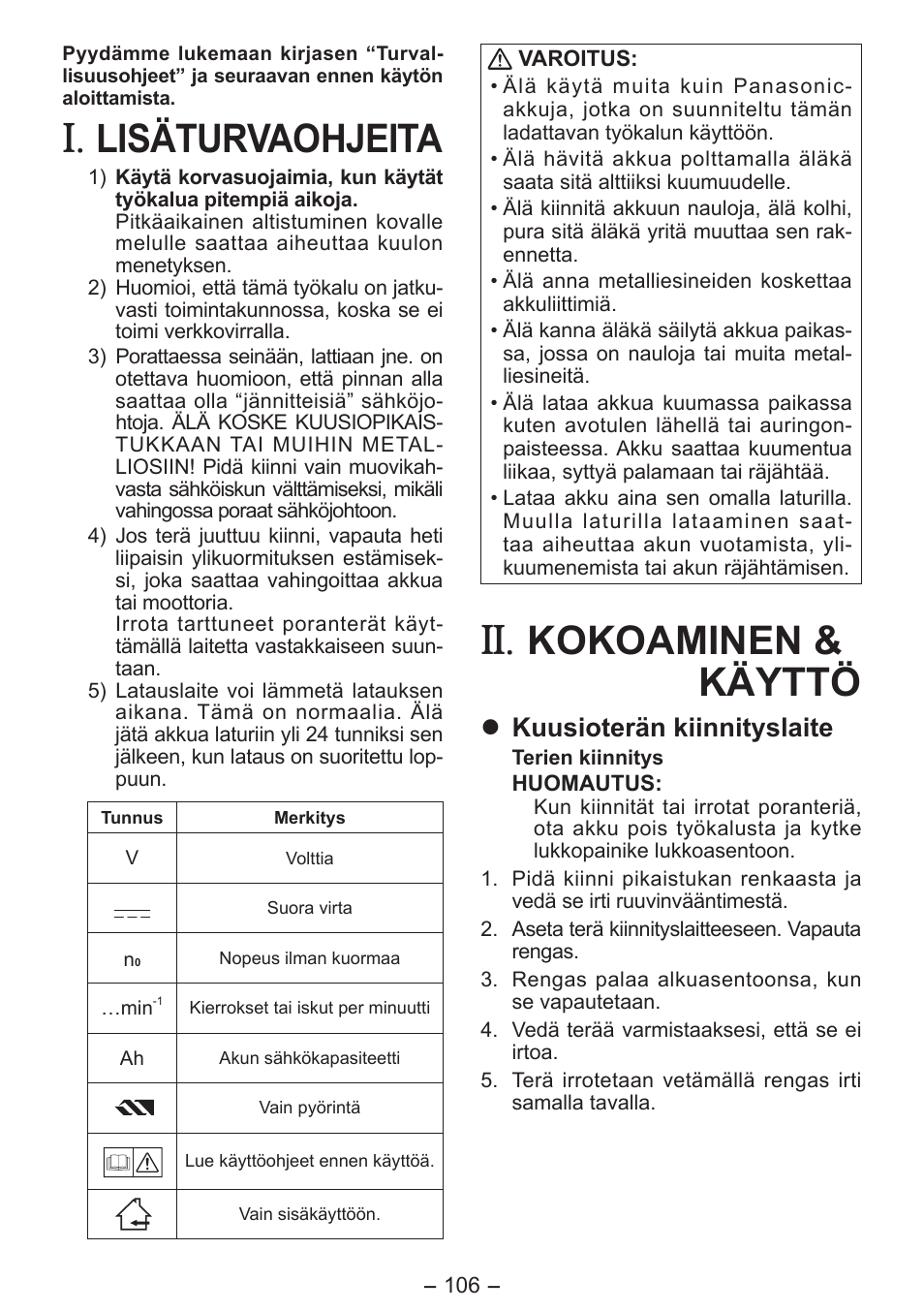 Lisäturvaohjeita, Kokoaminen & käyttö, Kuusioterän kiinnityslaite | Panasonic EY7411 User Manual | Page 106 / 140