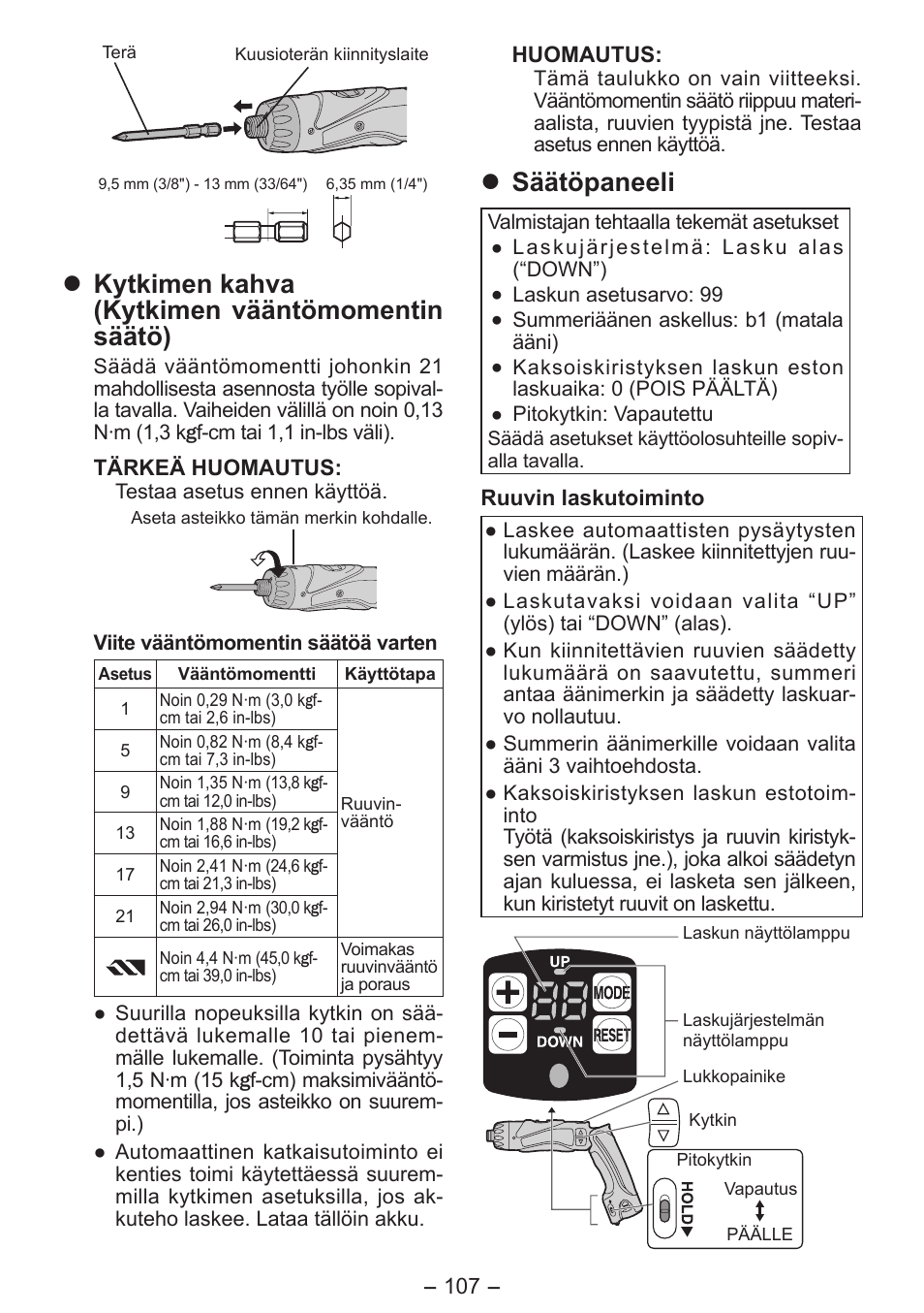 Kytkimen kahva (kytkimen vääntömomentin säätö), Säätöpaneeli | Panasonic EY7411 User Manual | Page 107 / 140
