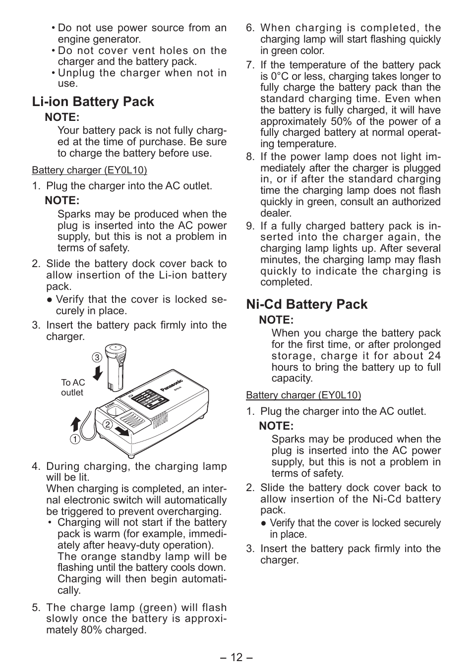 Li-ion battery pack, Ni-cd battery pack | Panasonic EY7411 User Manual | Page 12 / 140