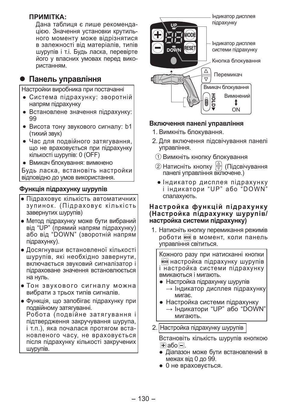 Панель управління | Panasonic EY7411 User Manual | Page 130 / 140