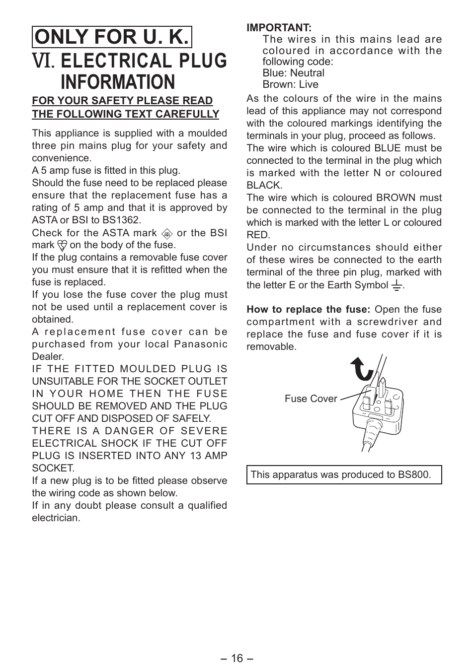 Only for u. k, Electrical plug information | Panasonic EY7411 User Manual | Page 16 / 140