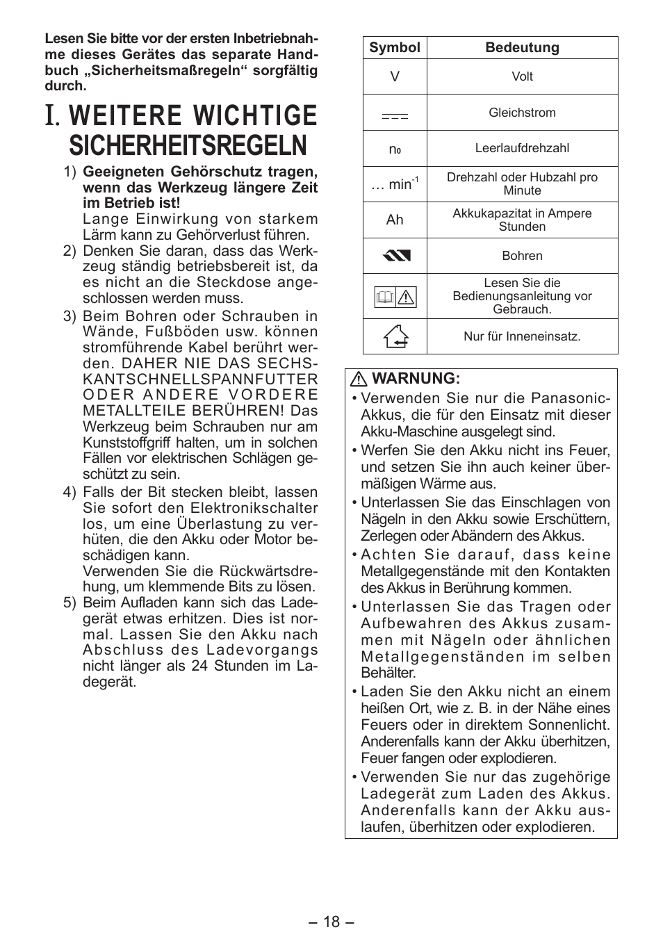 Weitere wichtige sicherheitsregeln | Panasonic EY7411 User Manual | Page 18 / 140