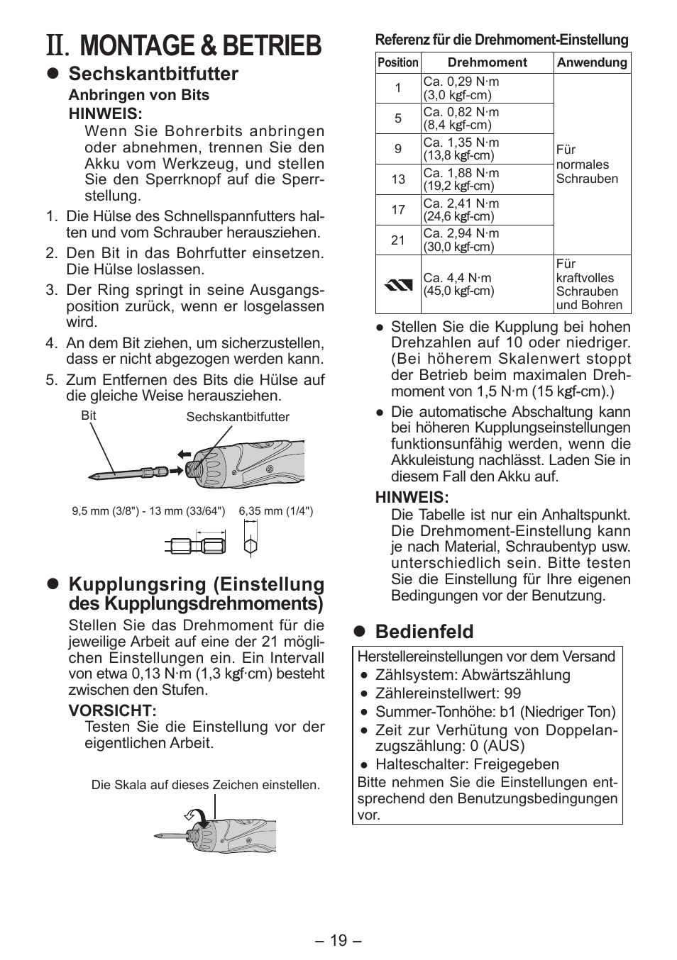 Montage & betrieb, Sechskantbitfutter, Bedienfeld | Panasonic EY7411 User Manual | Page 19 / 140