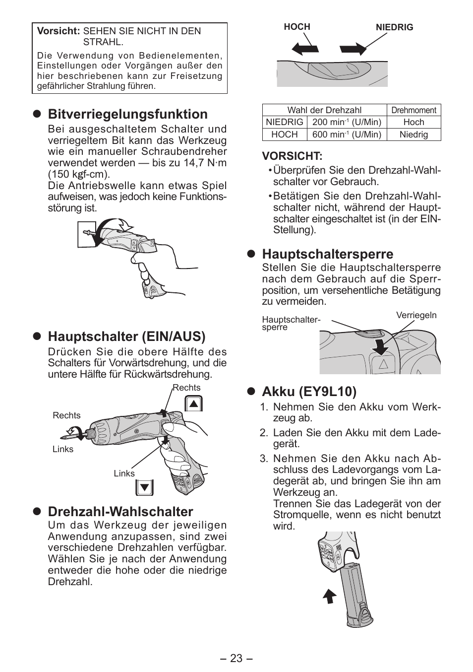 Bitverriegelungsfunktion, Hauptschalter (ein/aus), Drehzahl-wahlschalter | Hauptschaltersperre, Akku (ey9l10) | Panasonic EY7411 User Manual | Page 23 / 140